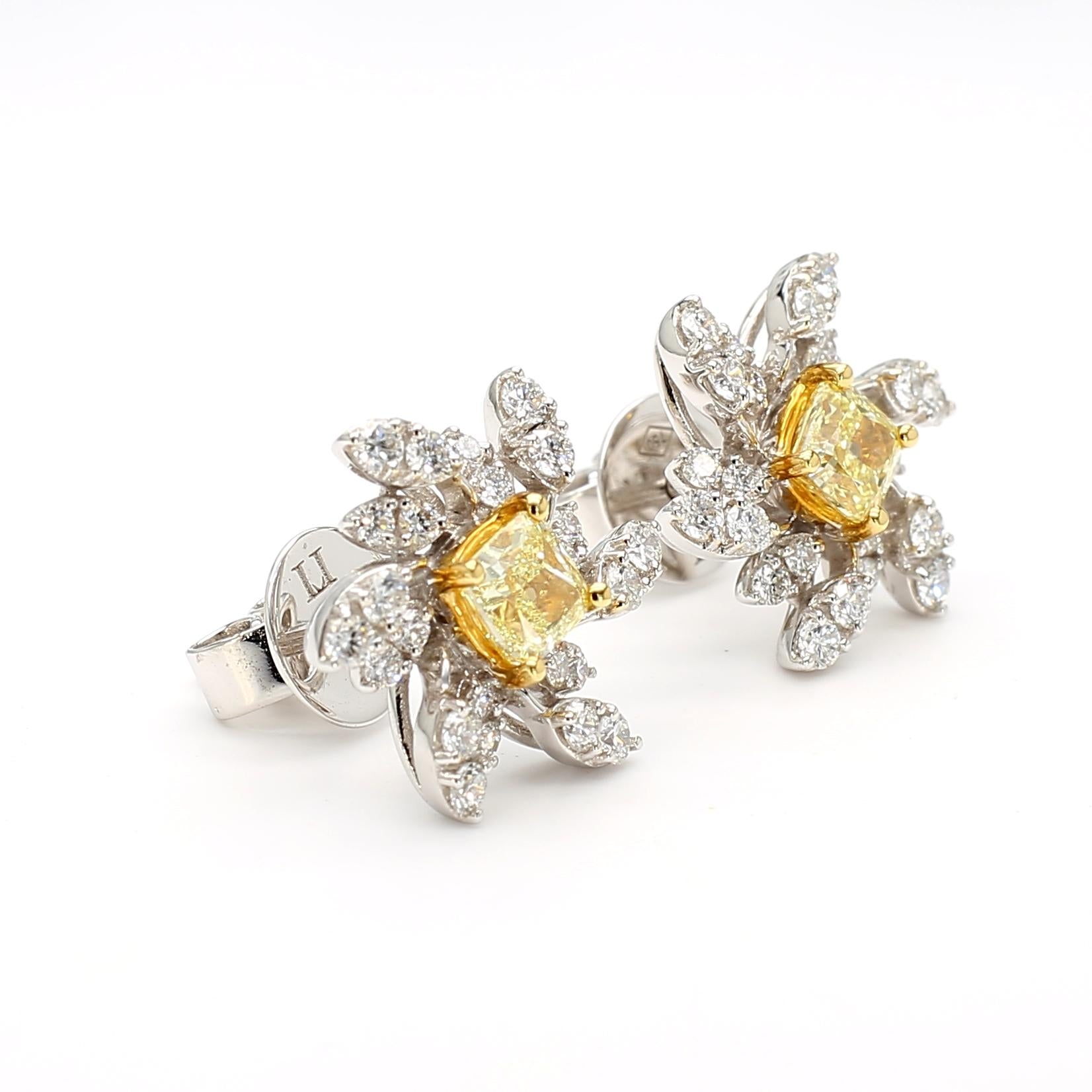 Natural Yellow Cushion Diamond 1.43 Carat TW Platinum Stud Earrings