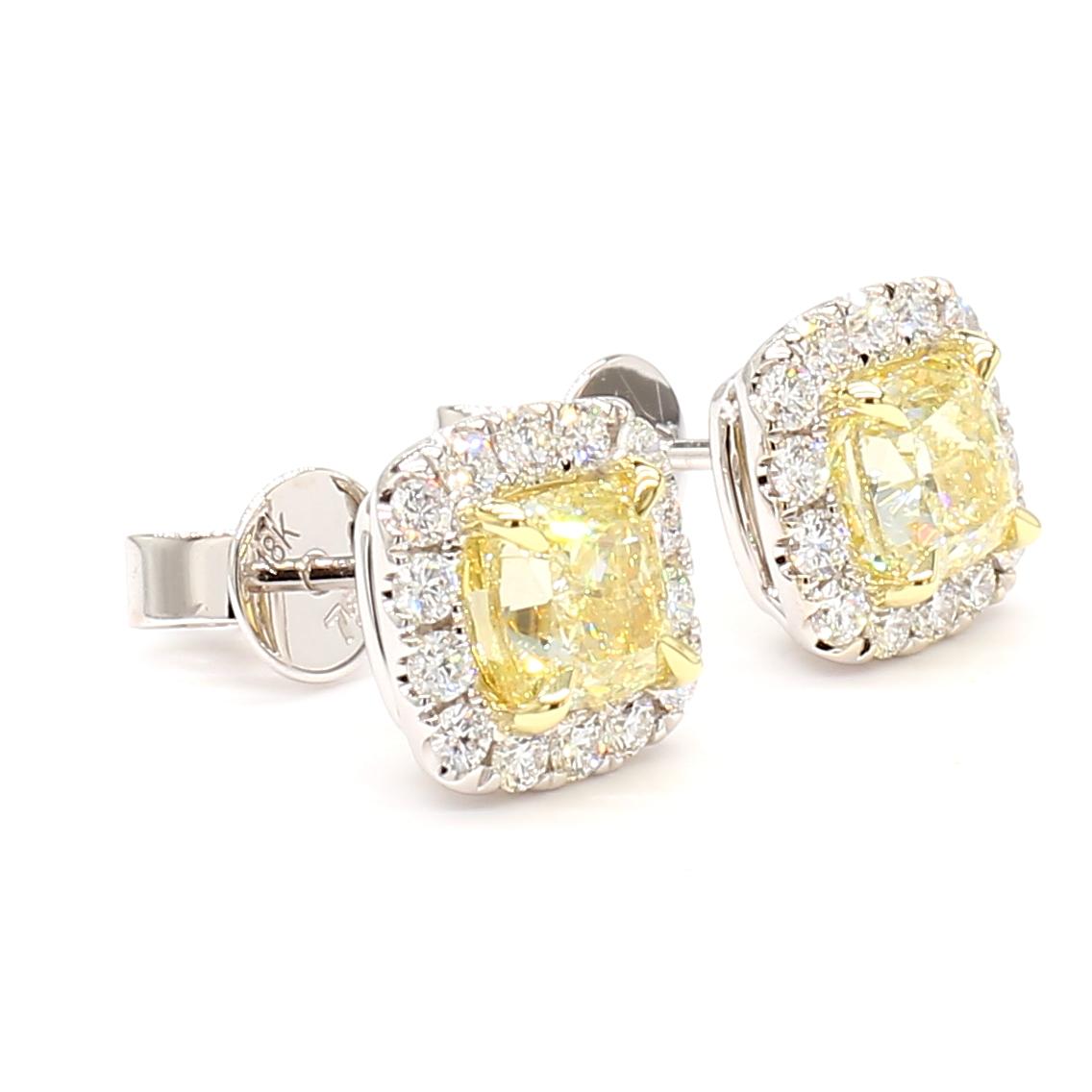 GIA Certified Natural Yellow Cushion Diamond 2.05 Carat TW Gold Stud Earrings