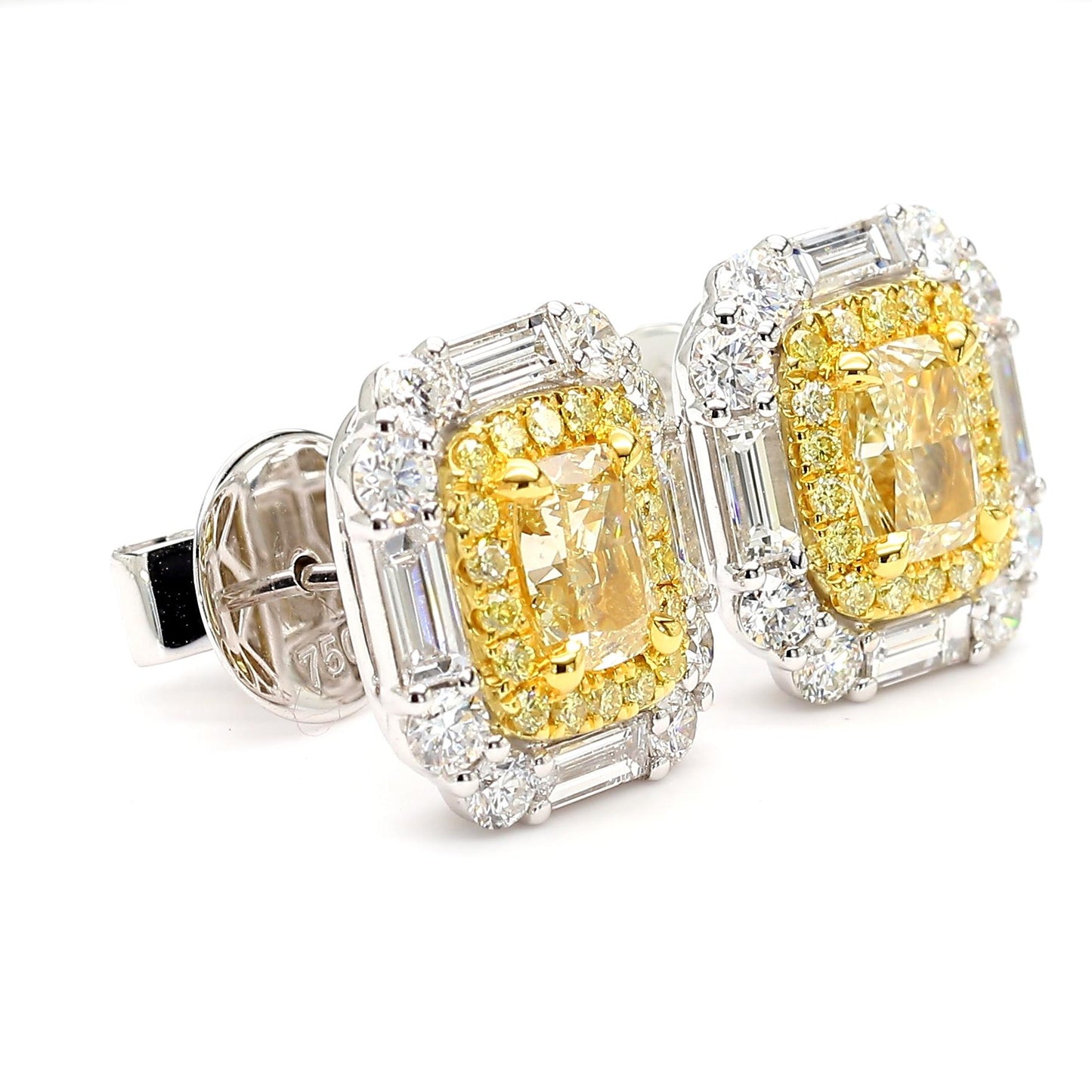 GIA Certified Natural Yellow Cushion Diamond 3.36 Carat TW Gold Stud Earrings