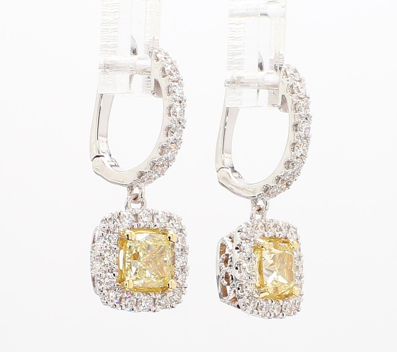 GIA Certified Natural Yellow Cushion Diamond 2.10 Carat TW Gold Drop Earrings