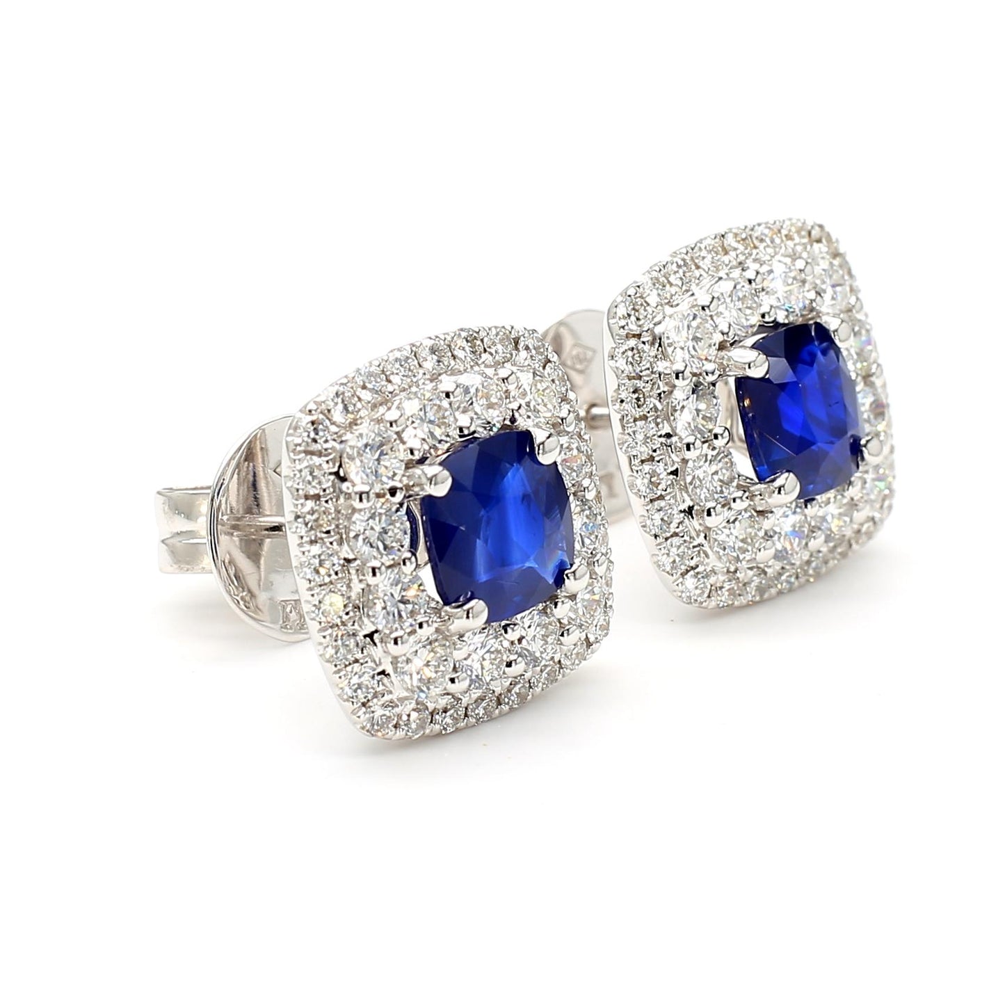 Natural Blue Cushion Sapphire and White Diamond 3.62 Carat TW Gold Stud Earrings