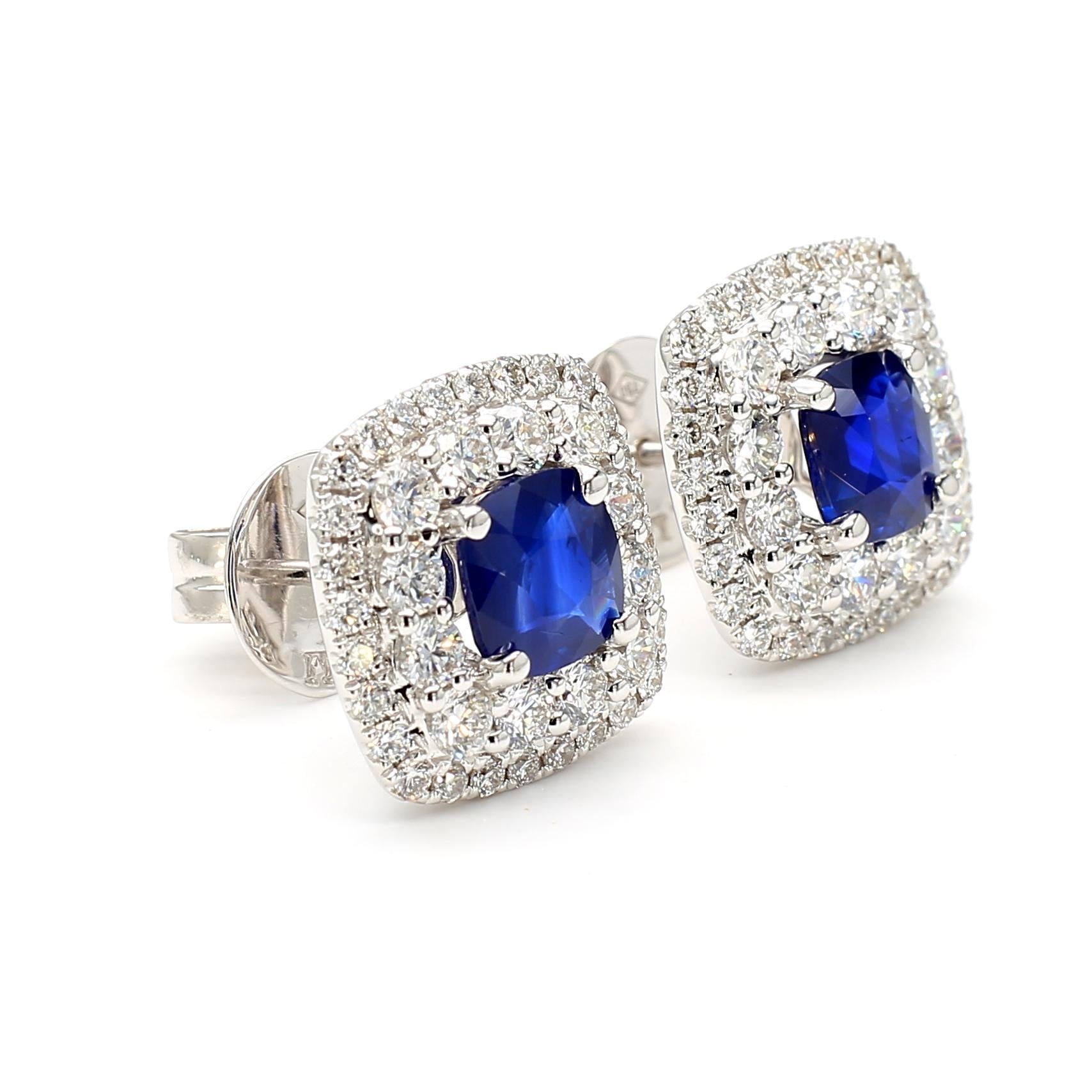 Natural Blue Cushion Sapphire and White Diamond 3.62 Carat TW Gold Stud Earrings