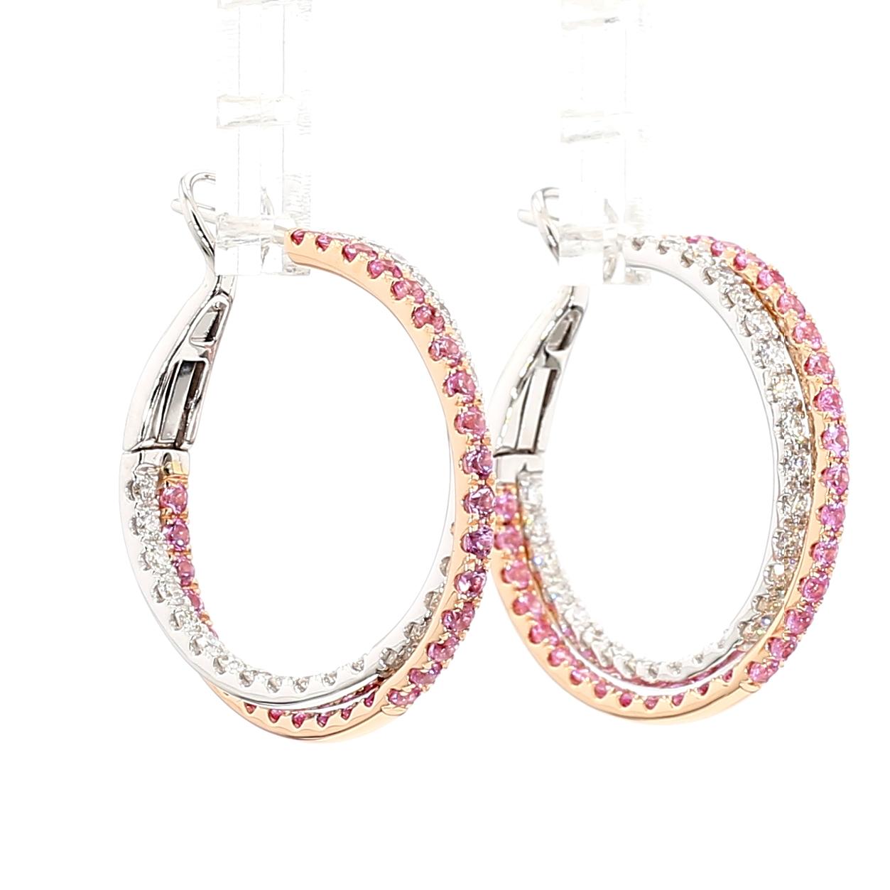 Natural Pink Round Sapphire and White Diamond 3.01 Carat TW Rose Gold Earrings