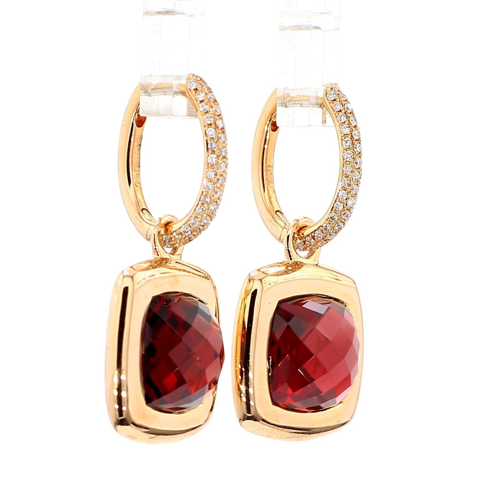 Natural Cushion Garnet and White Diamond 11.62 Carat TW Yellow Gold Drop Earring