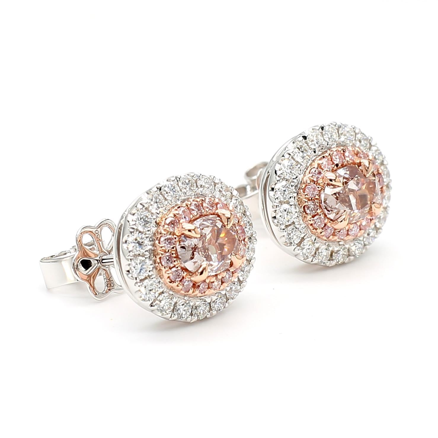 GIA Certified Fancy Pinkish Brown Oval Diamond 1.62 Carat TW Gold Stud Earrings