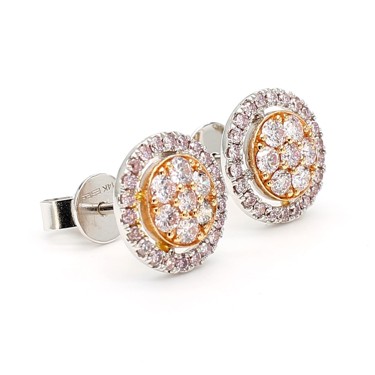 Natural Pink Round Diamond 0.69 Carat TW Gold Stud Earrings