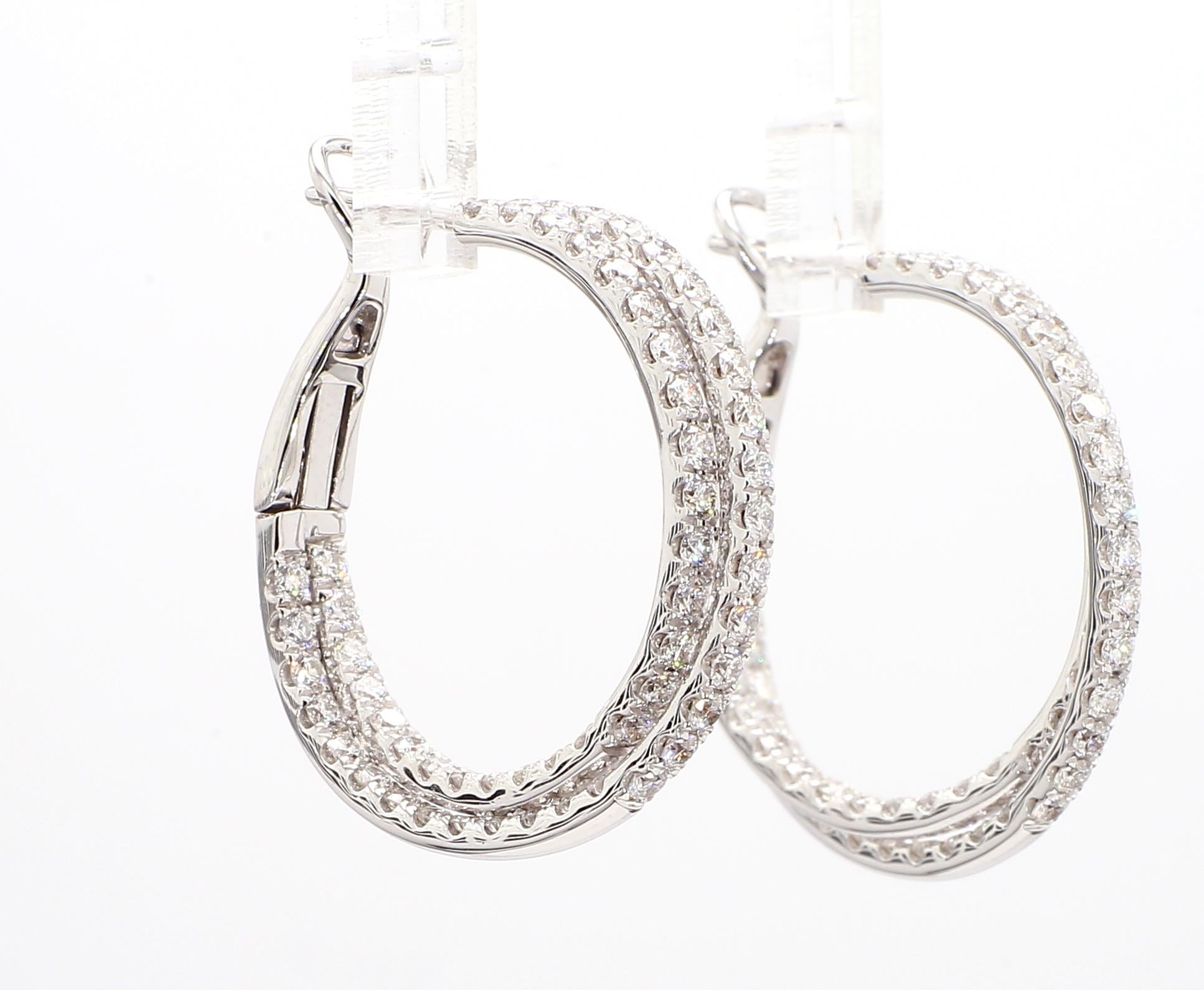 Natural White Round Diamond 2.70 Carat TW White Gold Hoop Earrings