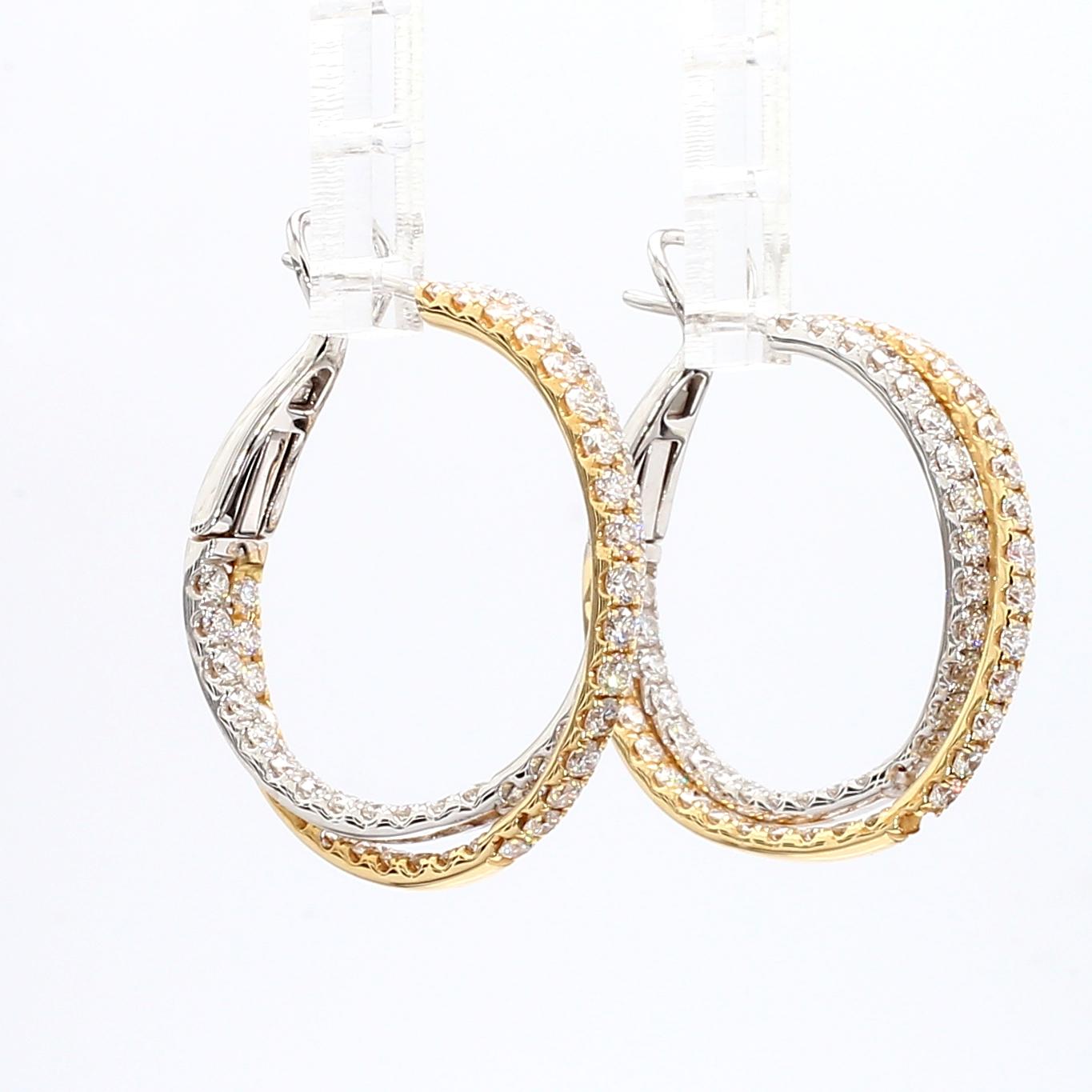 Natural White Round Diamond 2.66 Carat TW Gold Hoop Earrings