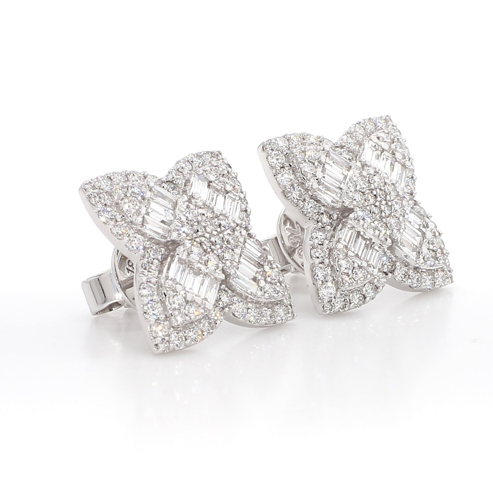Natural White Baguette Diamond 1.84 Carat TW Gold Stud Earrings