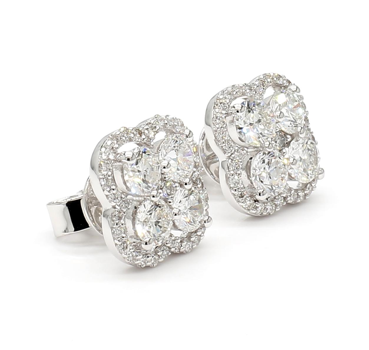 Natural White Round Diamond 1.65 Carat TW White Gold Stud Earrings