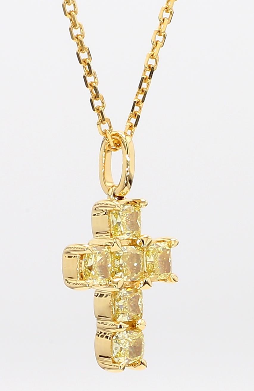 Natural Yellow Cushion Diamond 1.34 Carat TW Yellow Gold Cross Pendant