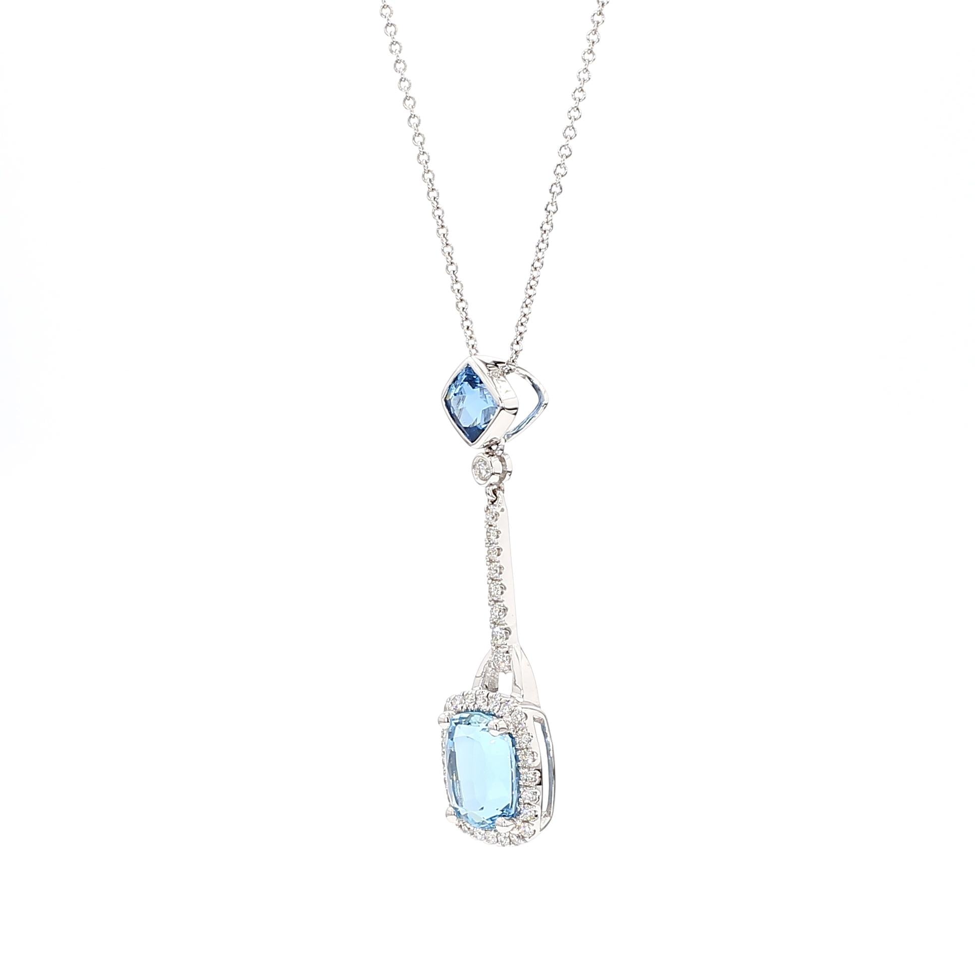 Natural Aquamarine Cushion Diamond 3.35 Carat TW Gold Drop Pendant