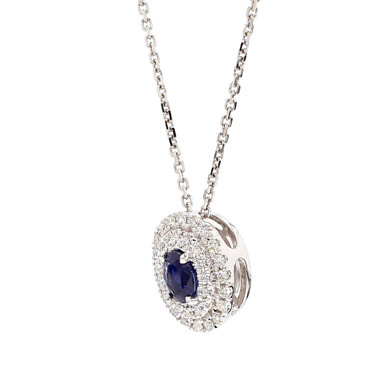 Natural Blue Oval Sapphire and White Diamond .67 Carat TW White Gold Pendant
