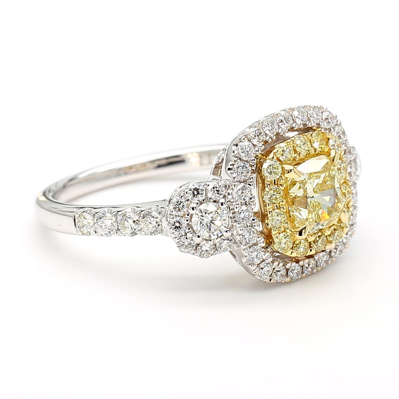 GIA Certified Fancy Light Yellow Cushion Diamond 1.48 Carat TW Gold Ring