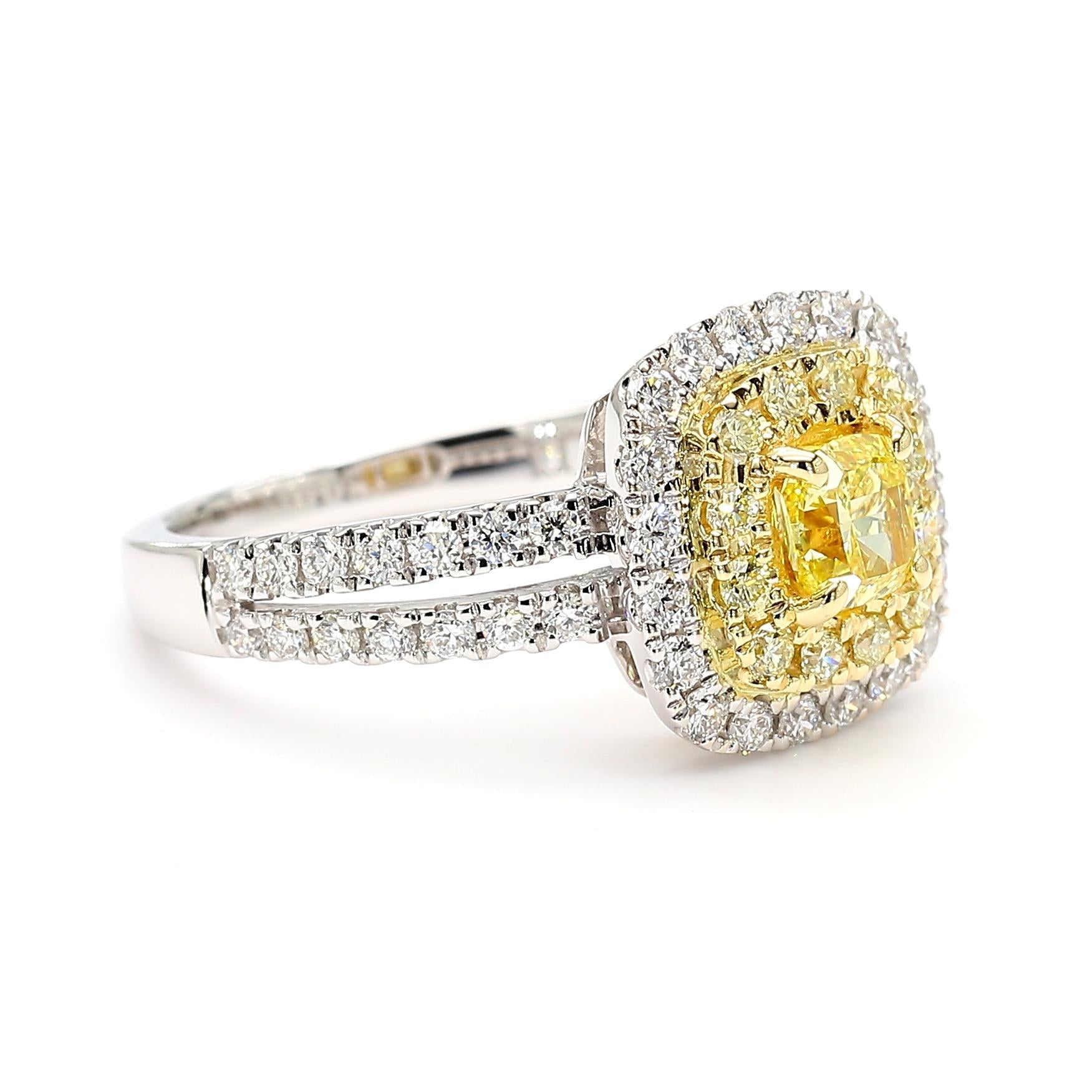 GIA Certified Intense Yellow Cushion Diamond 1.17 Carat TW Gold Cocktail Ring