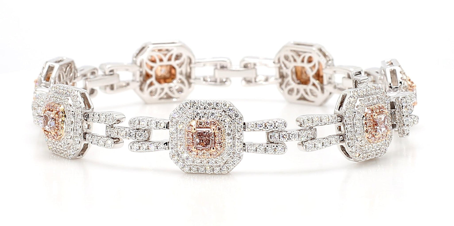 GIA Certified Natural Pink Radiant Diamond 5.08 Carat TW Gold Tennis Bracelet
