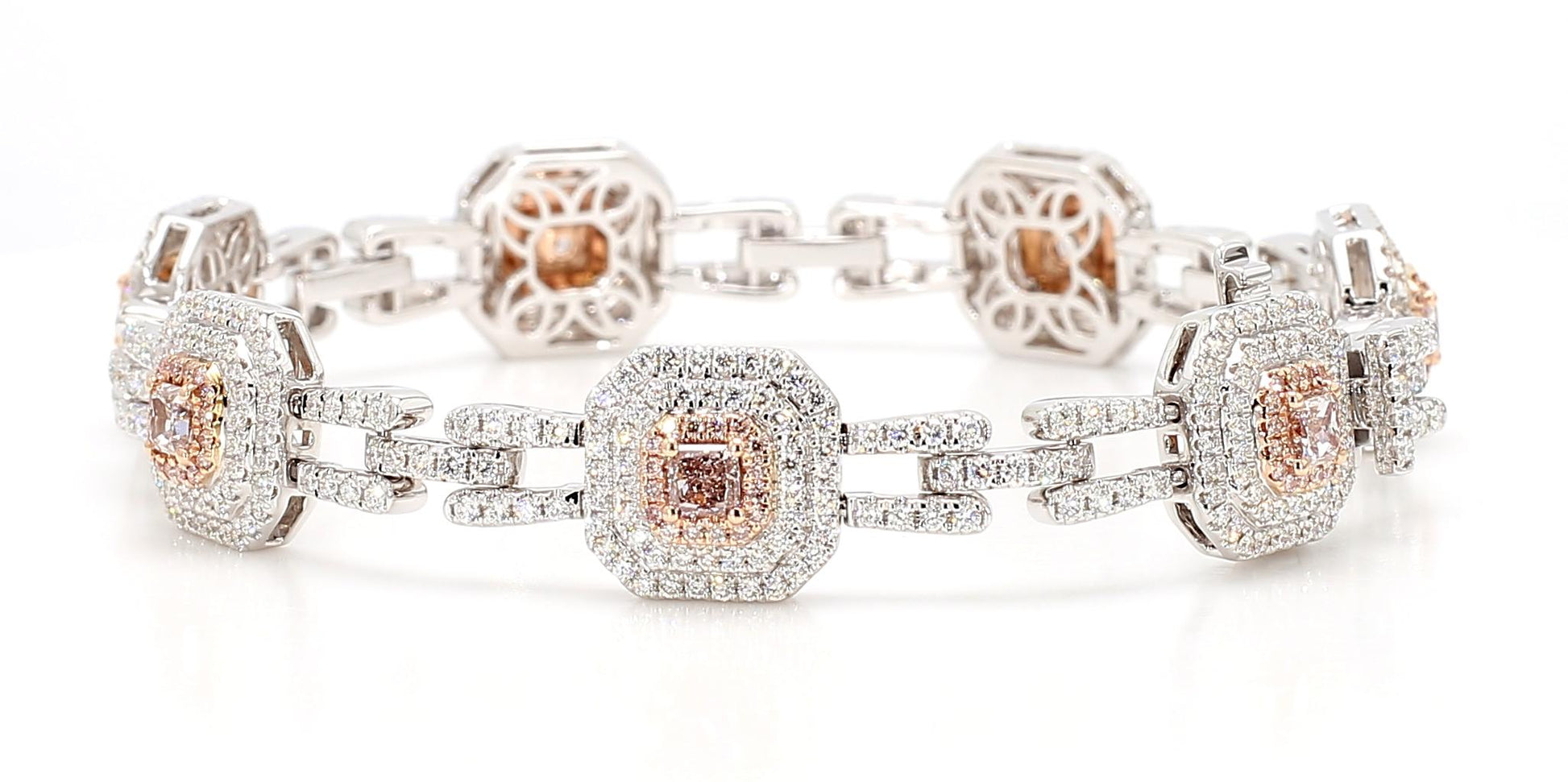 GIA Certified Natural Pink Radiant Diamond 5.08 Carat TW Gold Tennis Bracelet