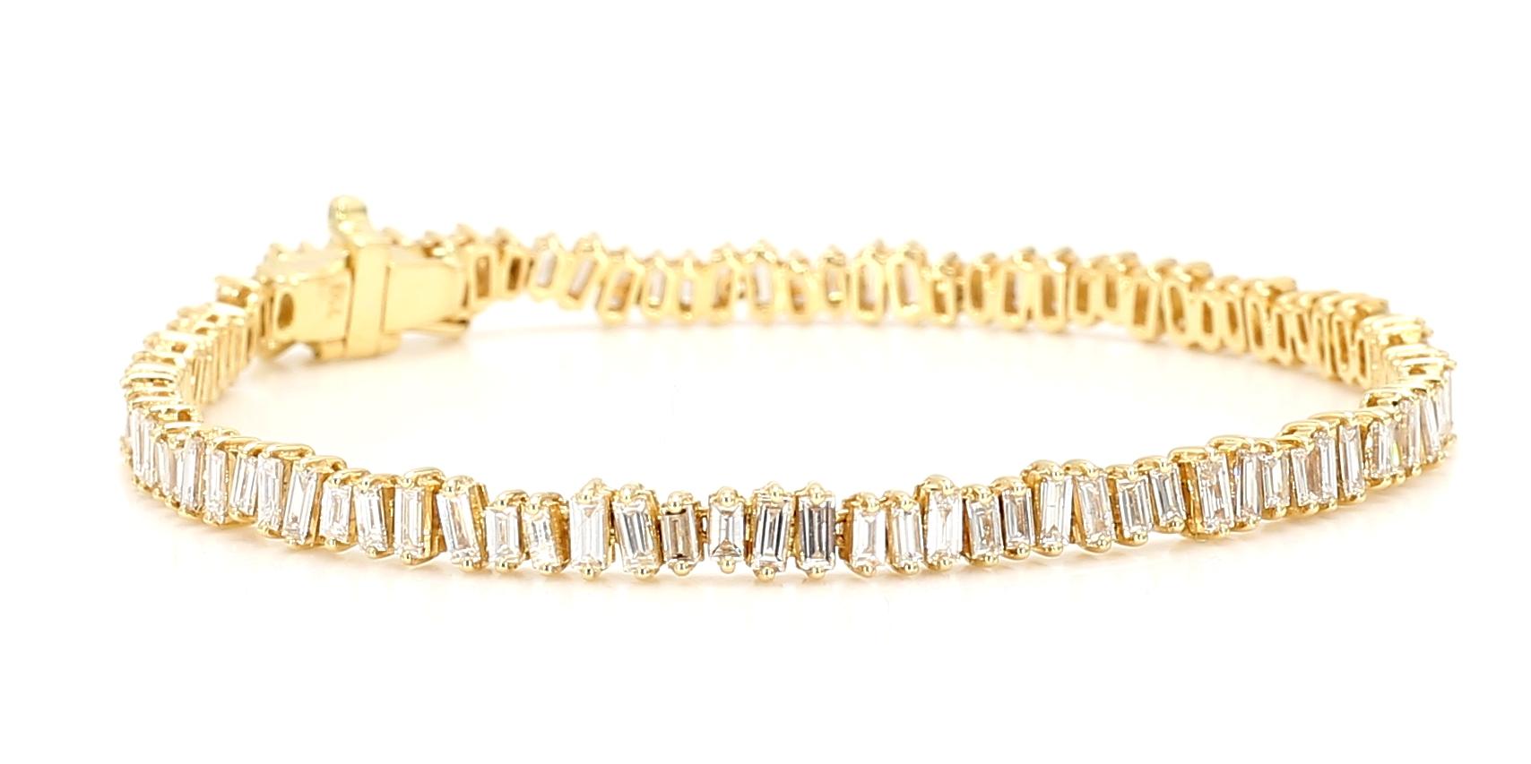 Natural White Baguette Diamond 2.95 Carat TW Yellow Gold Tennis Bracelet