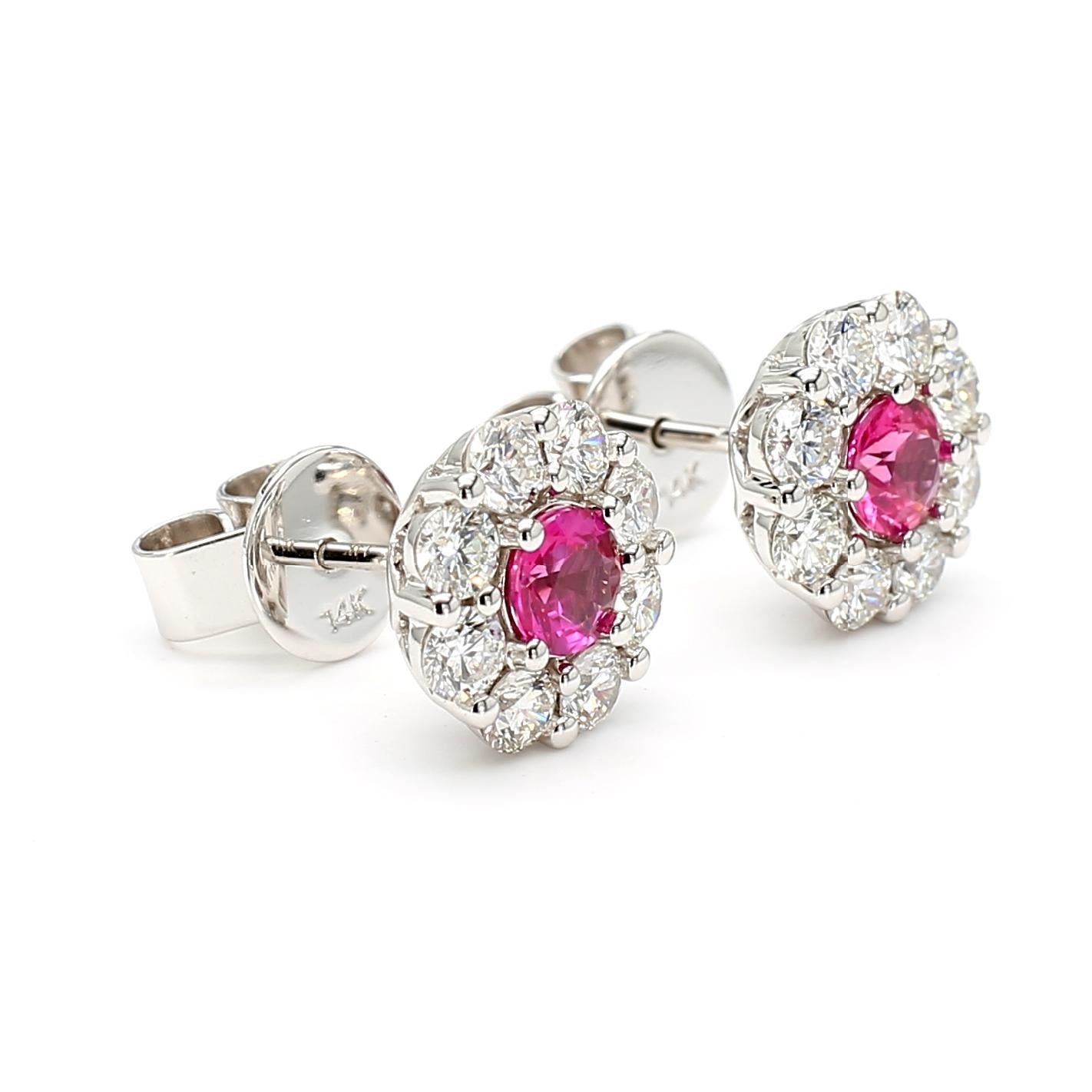 Natural Red Round Ruby and White Diamond 1.68 Carat TW White Gold Stud Earrings