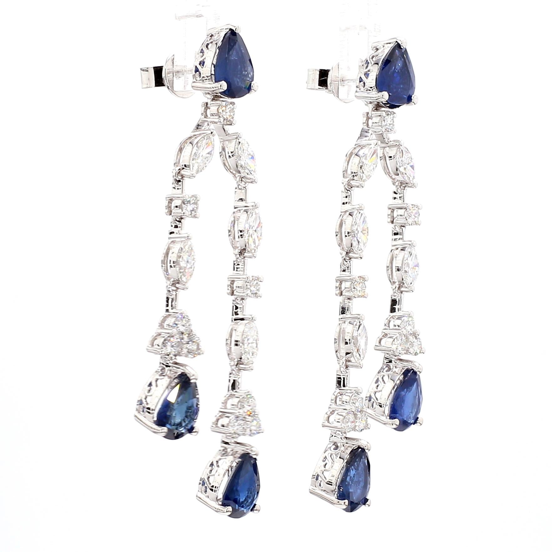 Natural Blue Pear Sapphire and White Diamond 9.65 Carat TW Gold Drop Earrings