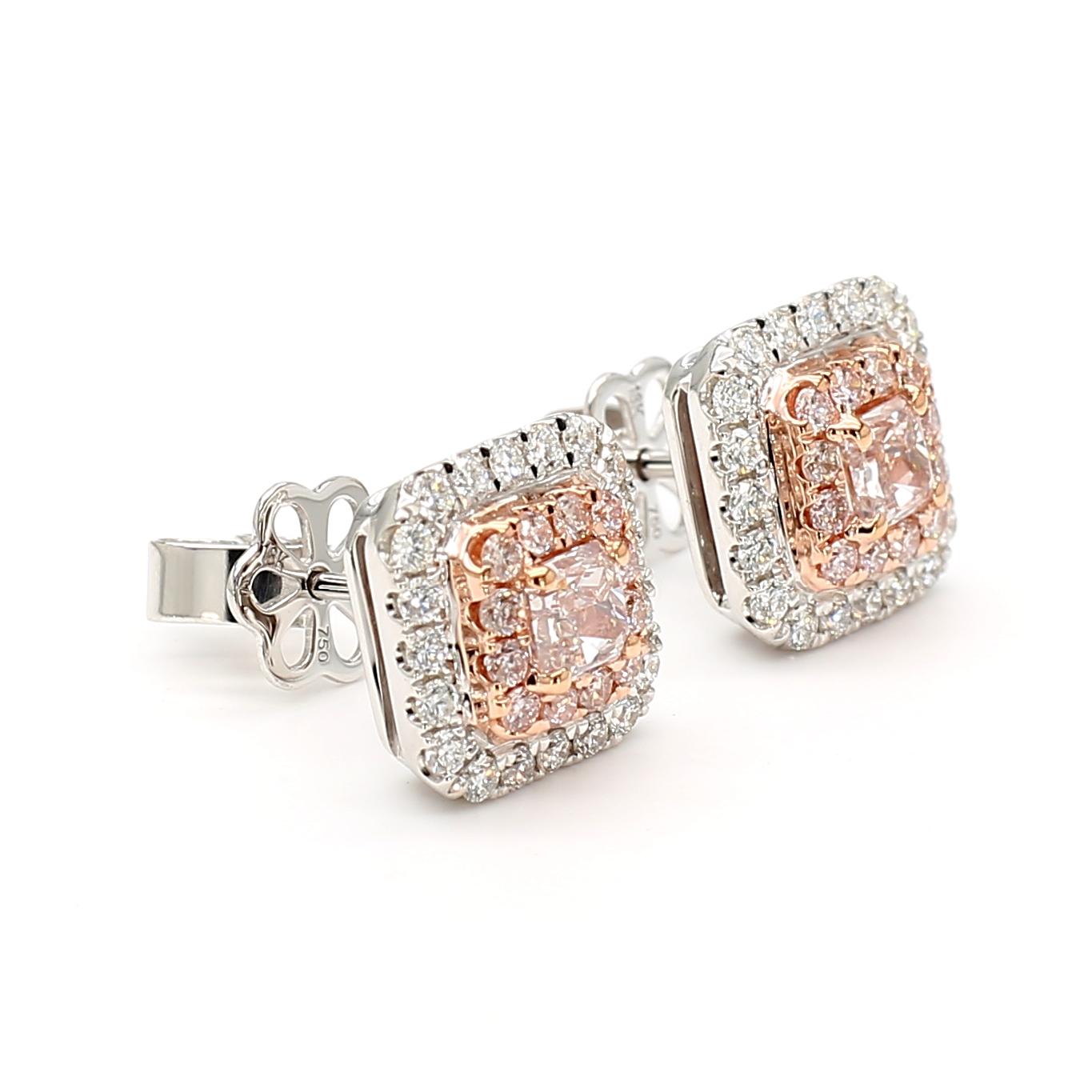 GIA Certified Light Pinkish Brown Radiant Diamond 0.90 Carat TW Gold Earrings