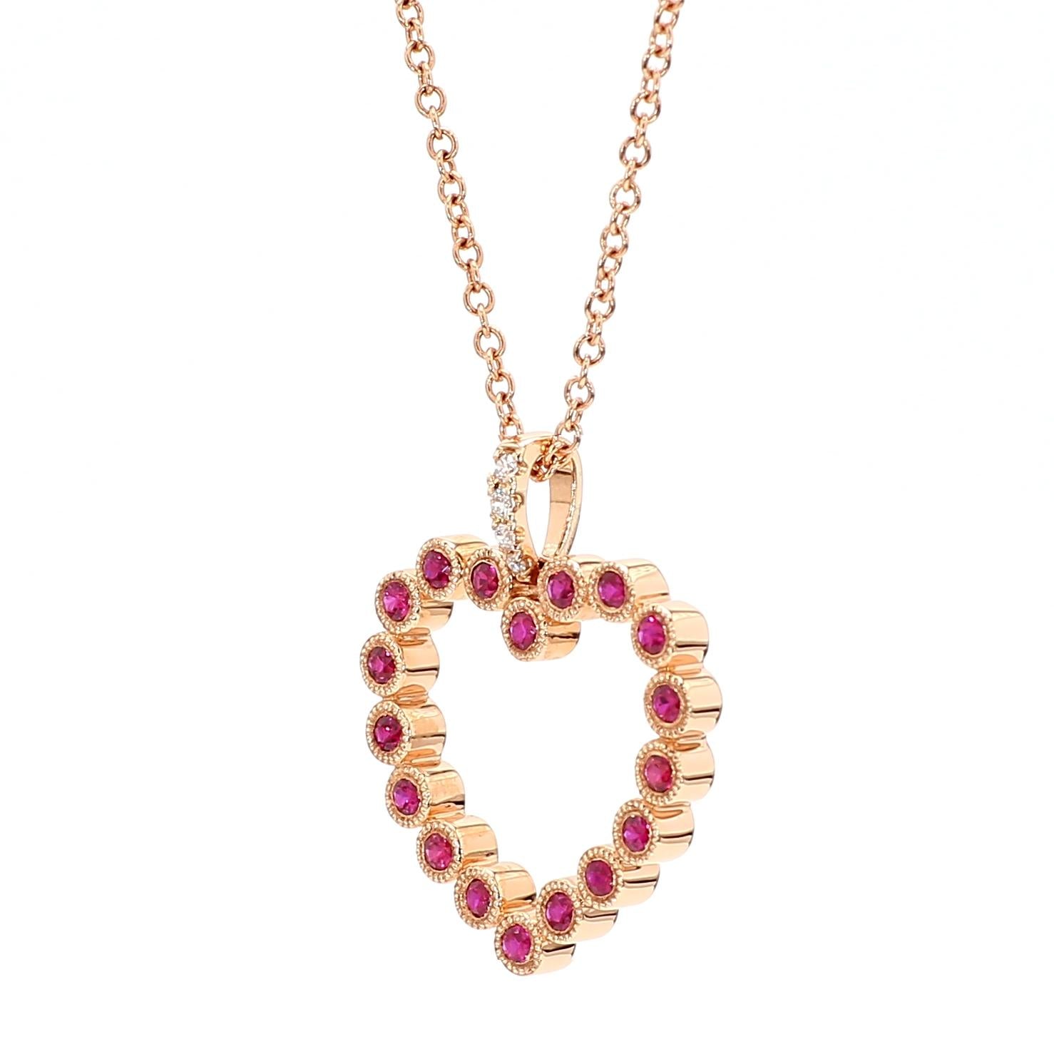 Natural Round Red Ruby and White Diamond .34 Carat TW Rose Gold Drop Pendant