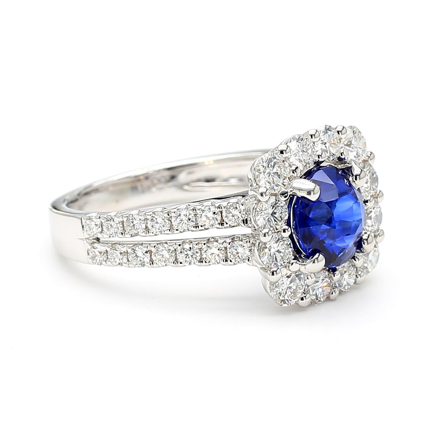 Natural Blue Round Sapphire and White Diamond 2.71 Carat TW White Gold Ring