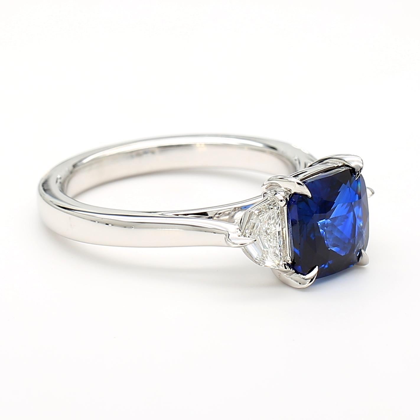 GIA Certified Blue Cushion Sapphire and White Diamond 2.47 Carat TW Plat Ring