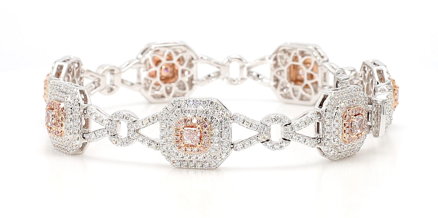 GIA Certified Fancy Pink Radiant Diamond 4.59 Carat TW Gold Tennis Bracelet