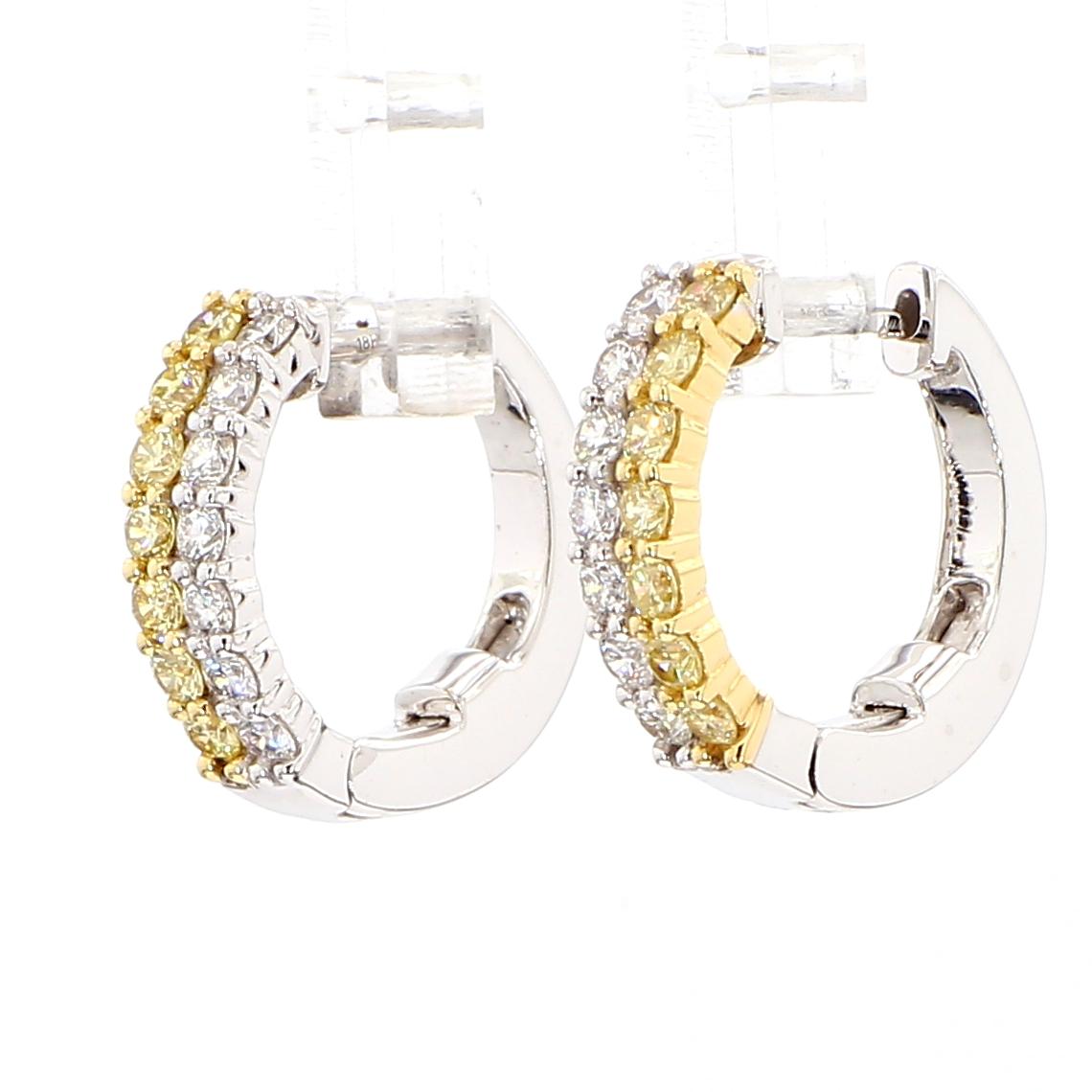 Natural Yellow Round Diamond 0.80 Carat TW Gold Hoop Earrings