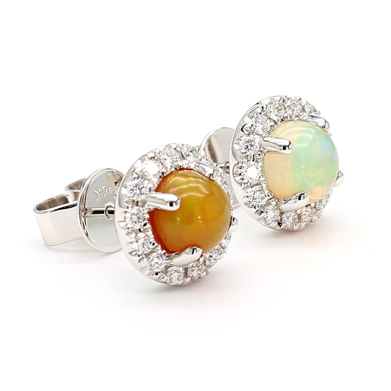Natural Round Opal and White Diamond 1.86 Carat TW White Gold Stud Earrings