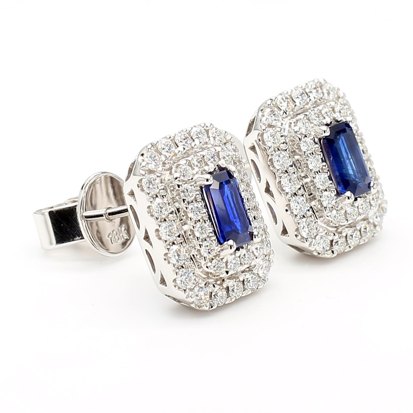 Natural Blue Emerald Cut Sapphire and Diamond 1.21 Carat TW Gold Earrings