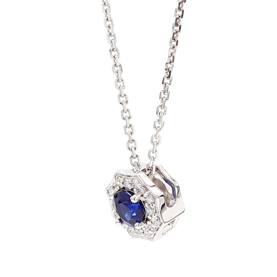 Natural Blue Round Sapphire and White Diamond 0.42 Carat TW Gold Drop Pendant