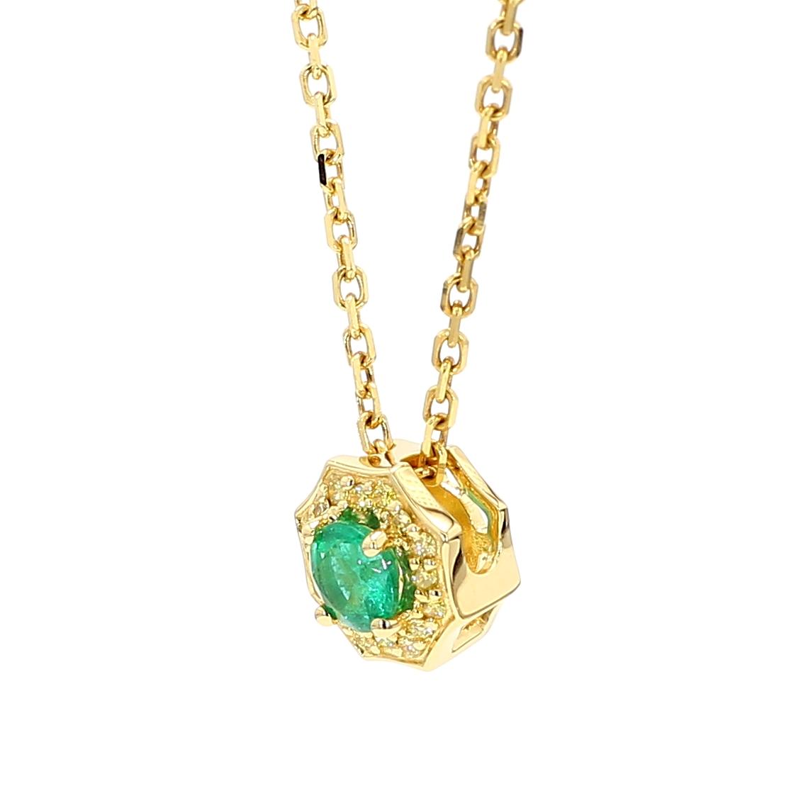 Natural Round Emerald and Yellow Diamond .36 Carat TW Gold Drop Pendant