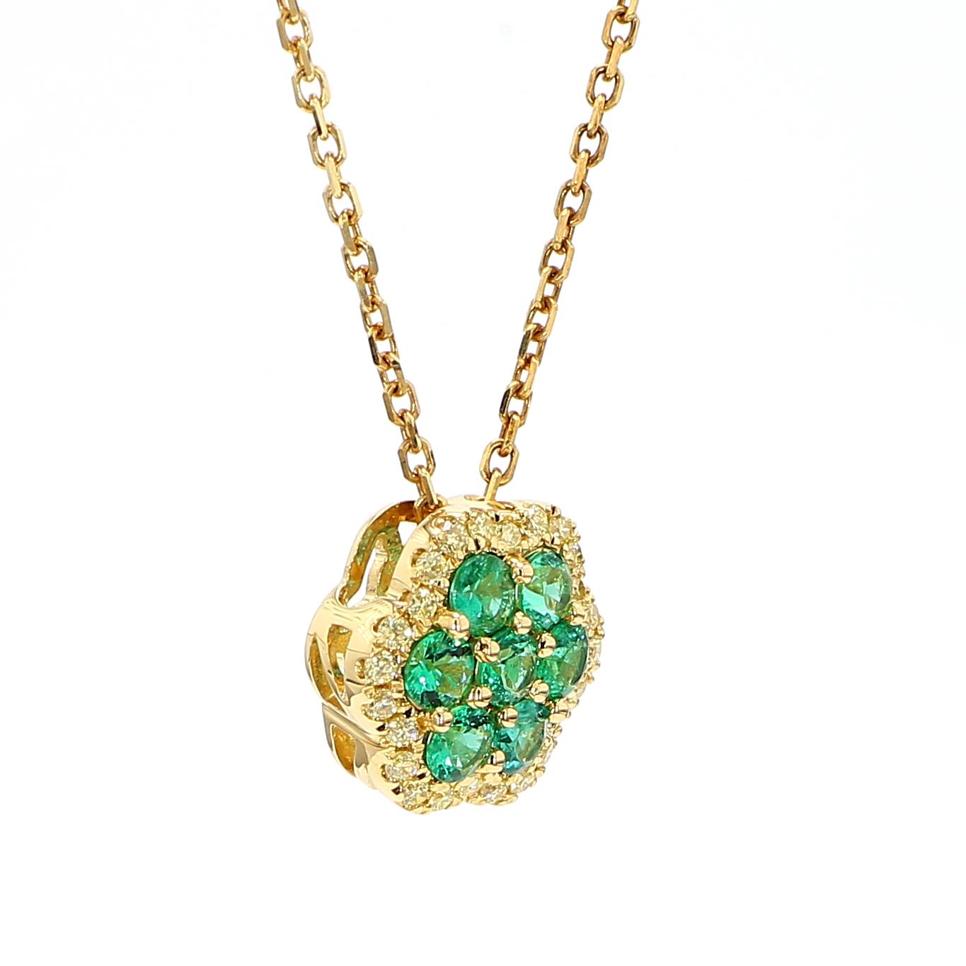 Natural Round Emerald and Yellow Diamond .78 Carat TW Gold Drop Pendant