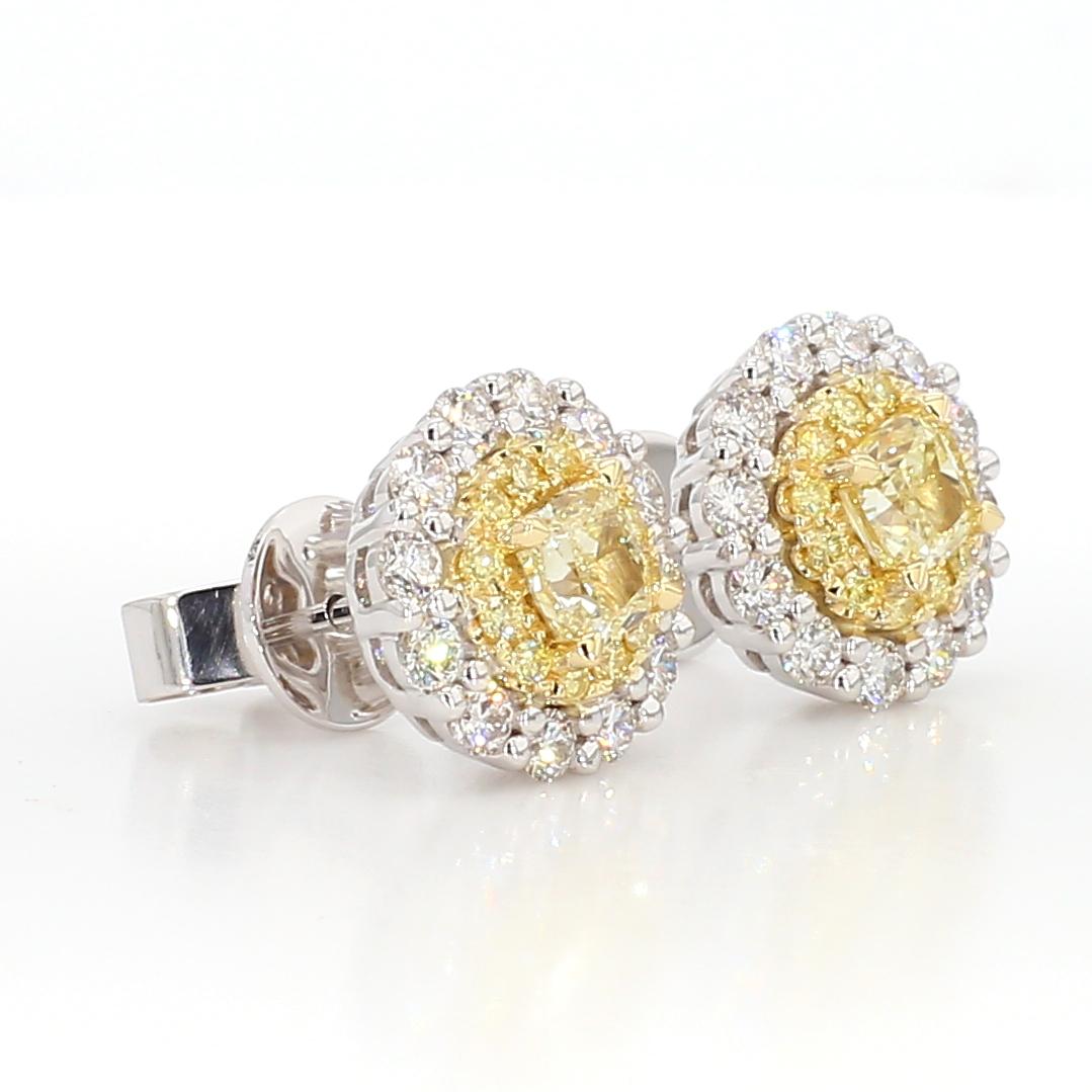 Natural Yellow Cushion Diamond 1.18 Carat TW Gold Stud Earrings