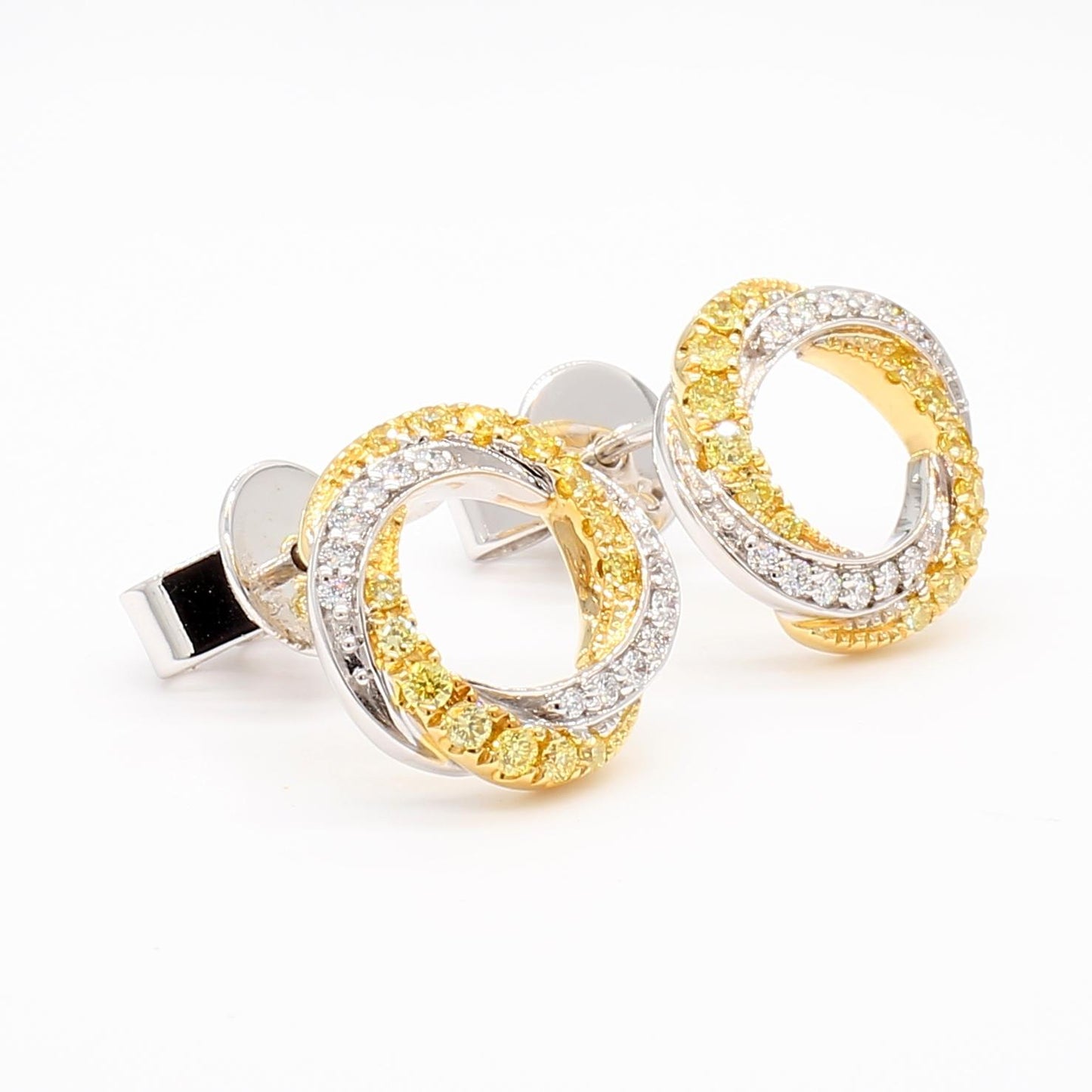 Natural Yellow Round and White Diamond .35 Carat TW Gold Stud Earrings