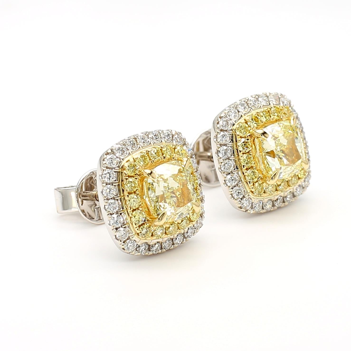 Natural Yellow Cushion Diamond 2.12 Carat TW Gold Stud Earrings