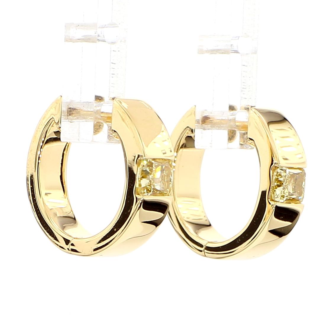 Natural Yellow Cushion Diamond .50 Carat TW Yellow Gold Hoop Earrings