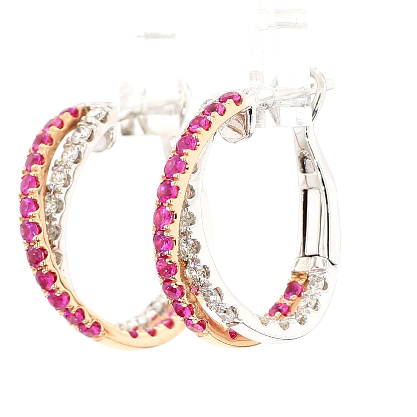 Natural Red Round Ruby and White Diamond 2.01 Carat TW Rose Gold Drop Earrings