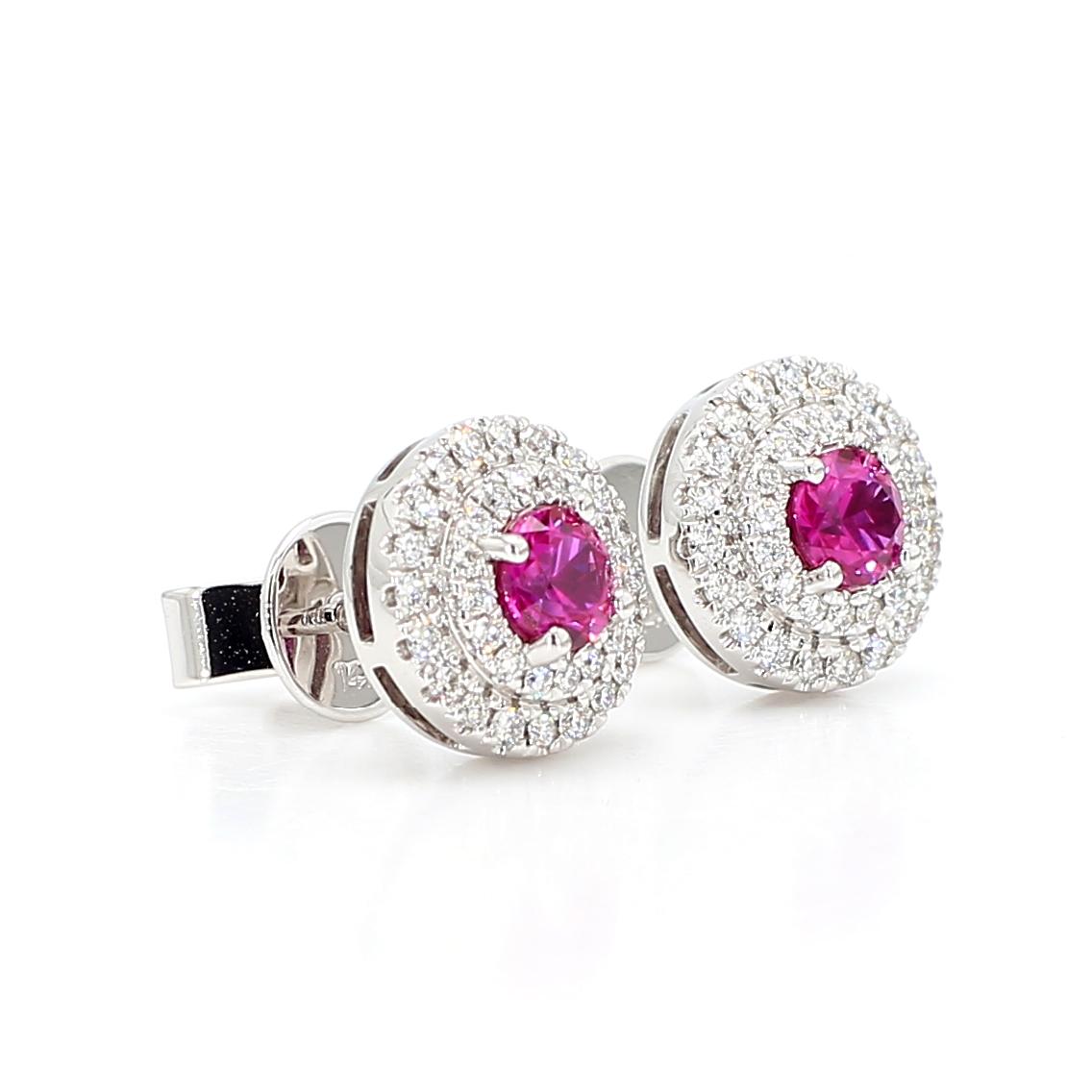 Natural Red Round Ruby and White Diamond 1.02 Carat TW White Gold Stud Earrings