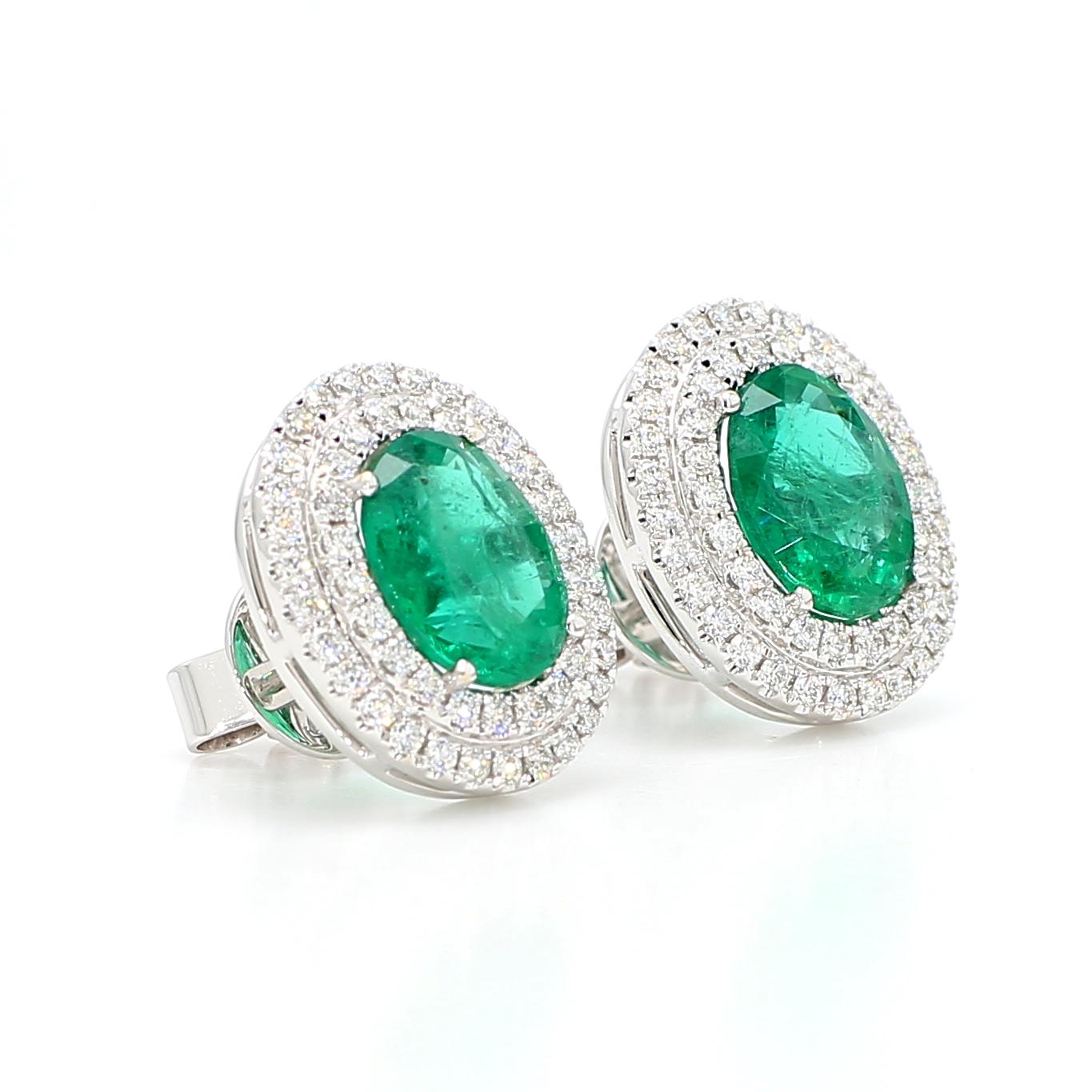 Natural Oval Emerald and Diamond 4.05 Carat TW Gold Stud Earrings