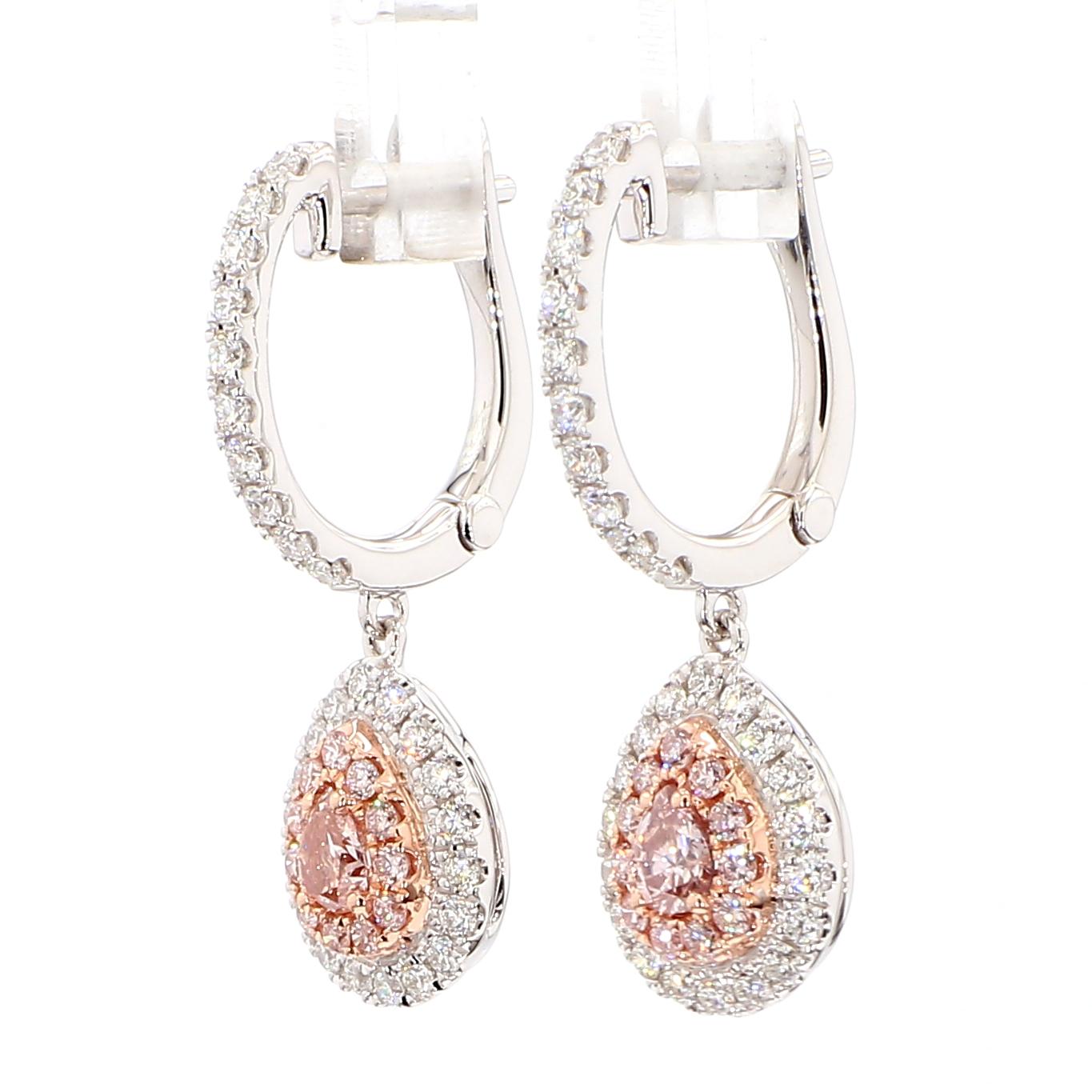 GIA Certified Fancy Brownish Pink Pear Diamond 1.49 Carat TW Gold Earrings