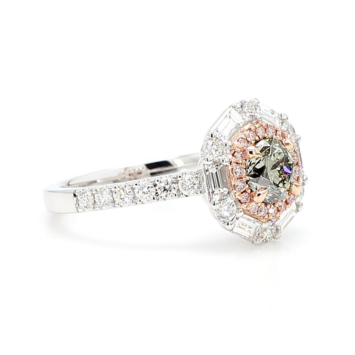 GIA Certified Fancy Gray-Yellowish Green Round Diamond 1.62 Carat TW Gold Ring