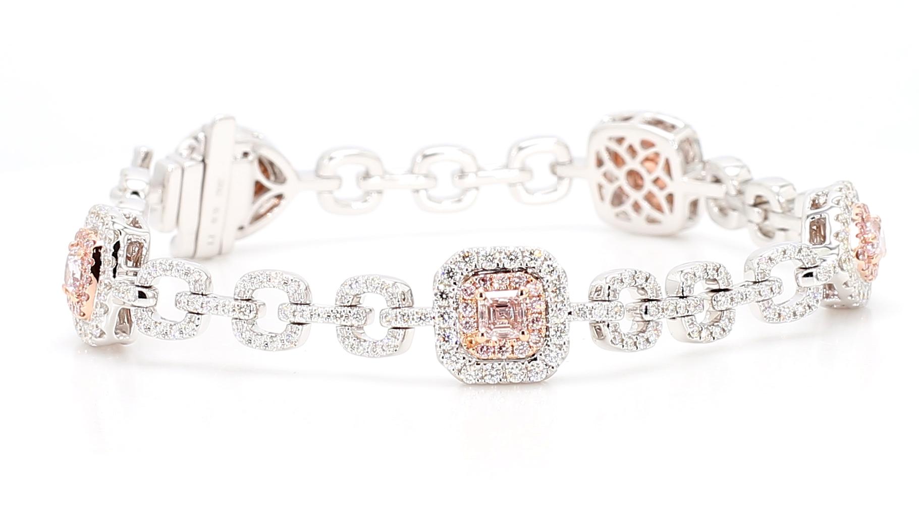 GIA Certified Fancy Pink Diamond 4.13 Carat TW Gold Tennis Bracelet