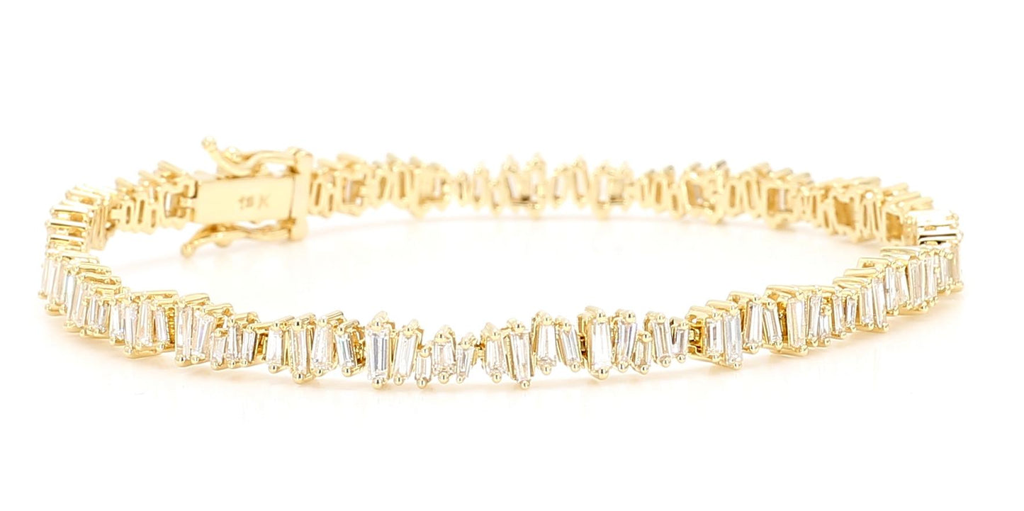 Natural White Baguette Diamond 3.03 Carat TW Yellow Gold Tennis Bracelet
