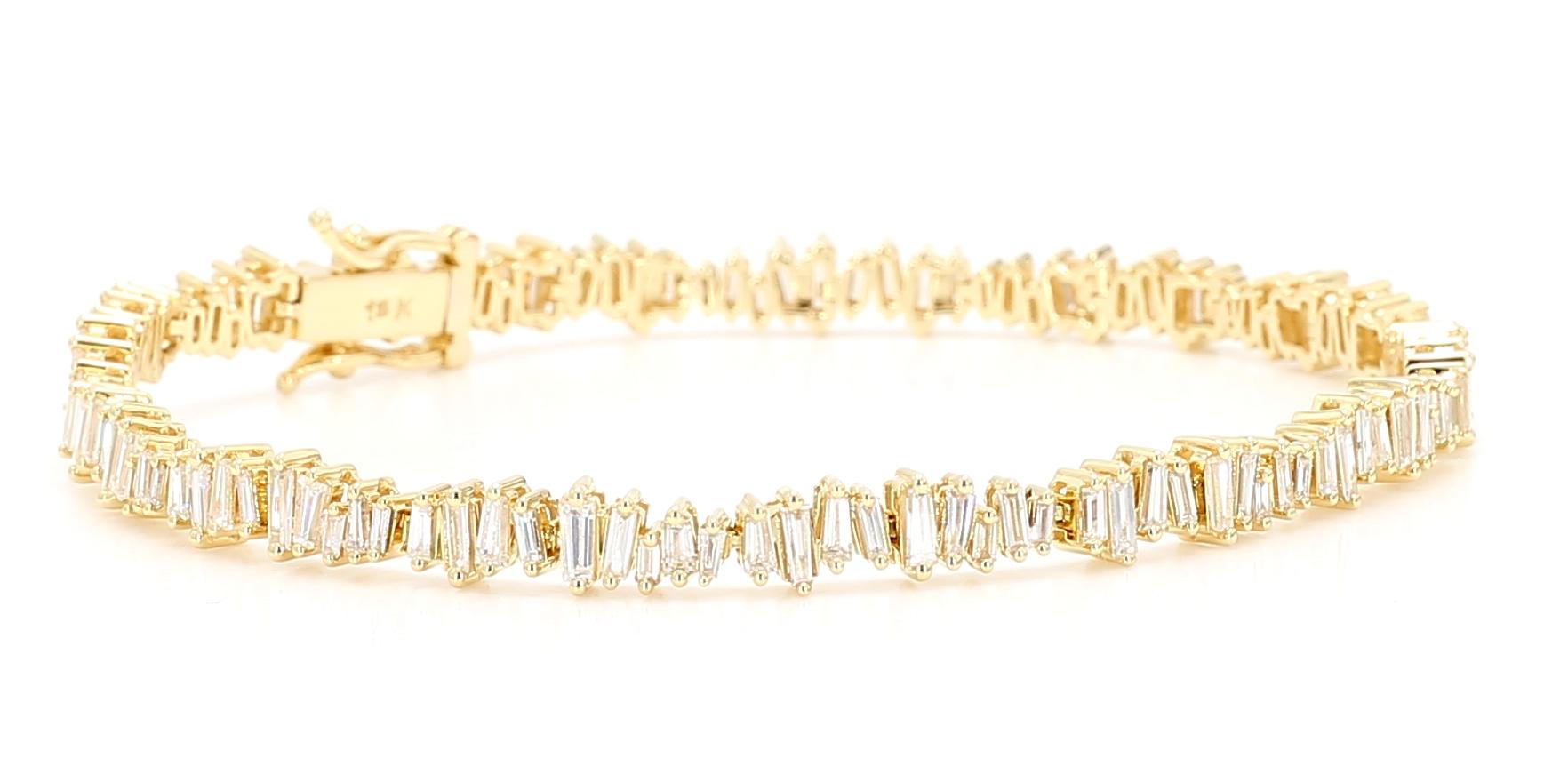 Natural White Baguette Diamond 3.03 Carat TW Yellow Gold Tennis Bracelet