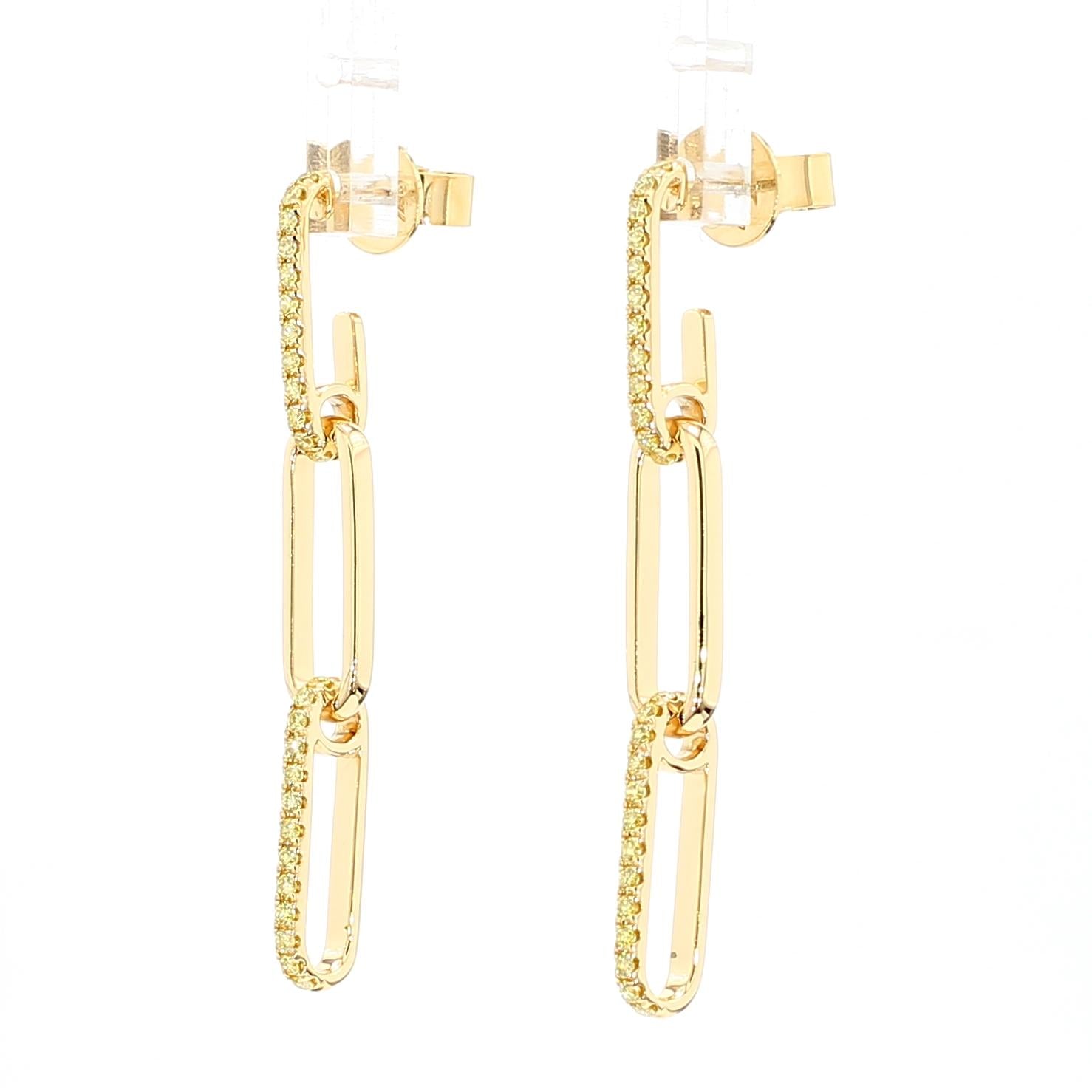 Natural Yellow Round Diamond 0.54 Carat TW Yellow Gold Drop Earrings