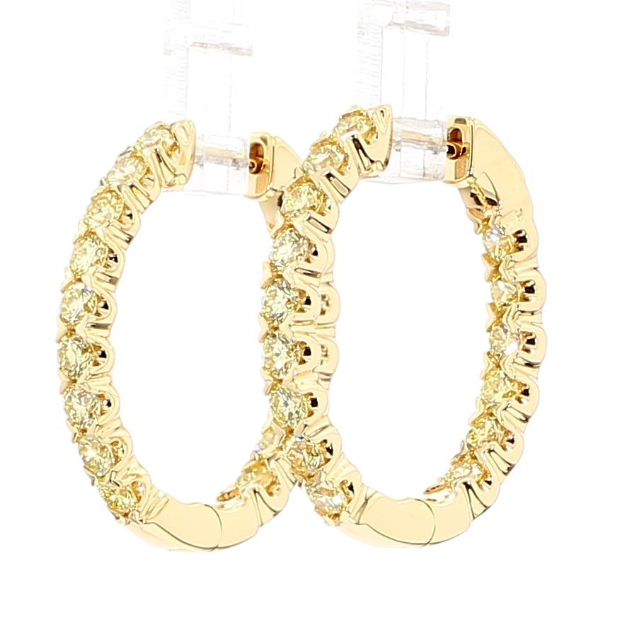 Natural Yellow Round Diamond 2.17 Carat TW Yellow Gold Hoop Earrings