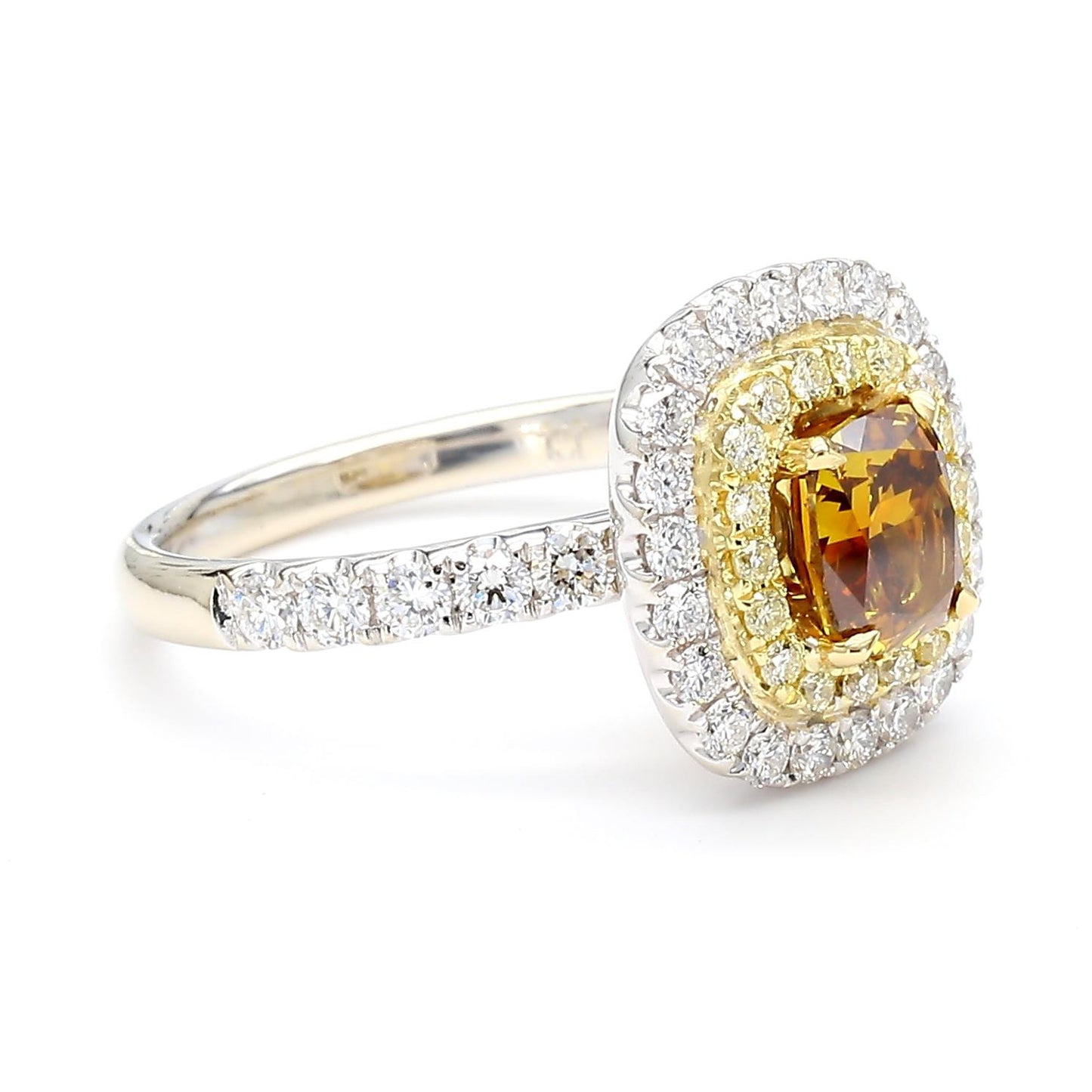 GIA Certified Fancy Deep Yellow Brown Cushion Diamond 1.93 Carat TW Gold Ring